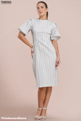 Tendenza Textured Striped Puff Sleeve Midi Dress