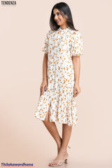 Tendenza EPuff Sleeve Frilled Hem Midi Dress