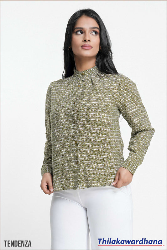 Tendenza High Neck Print Bishop Sleeve Top