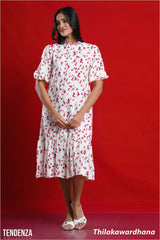 Tendenza Puff Sleeve Frilled Hem Midi Dress