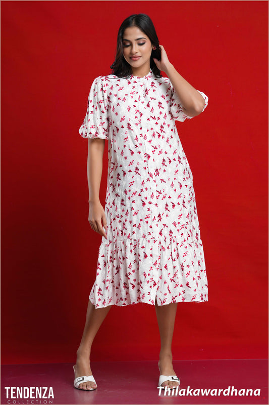 Tendenza Puff Sleeve Frilled Hem Midi Dress