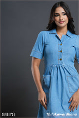 Aura Summer Sky Button Midi Denim Dress