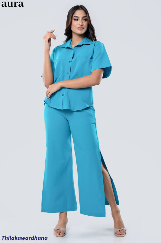Aura Teal Breeze Wide-Leg Co-Ord Set