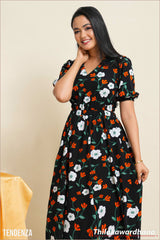Tendenza Floral Printed V Neck Maxi Dress