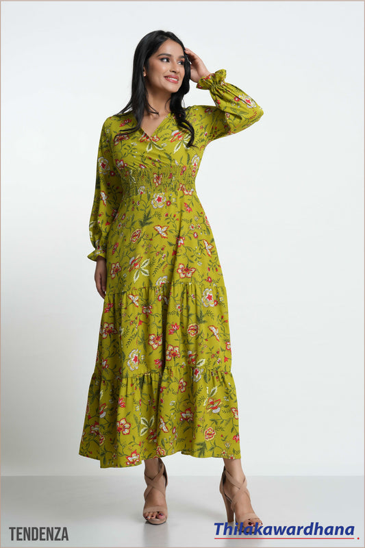 Tendenza Flounce Sleeve Shirred Dress