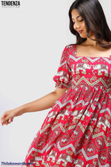 Tendenza Boho Elephant Print Puff Sleeve Dress