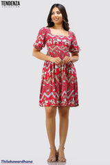 Tendenza Boho Elephant Print Puff Sleeve Dress