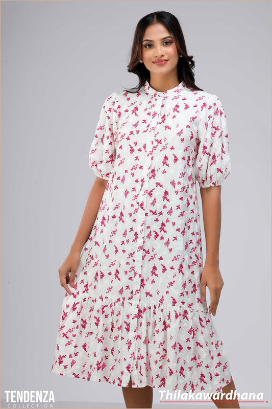 Tendenza Puff Sleeve Frilled Hem Midi Dress