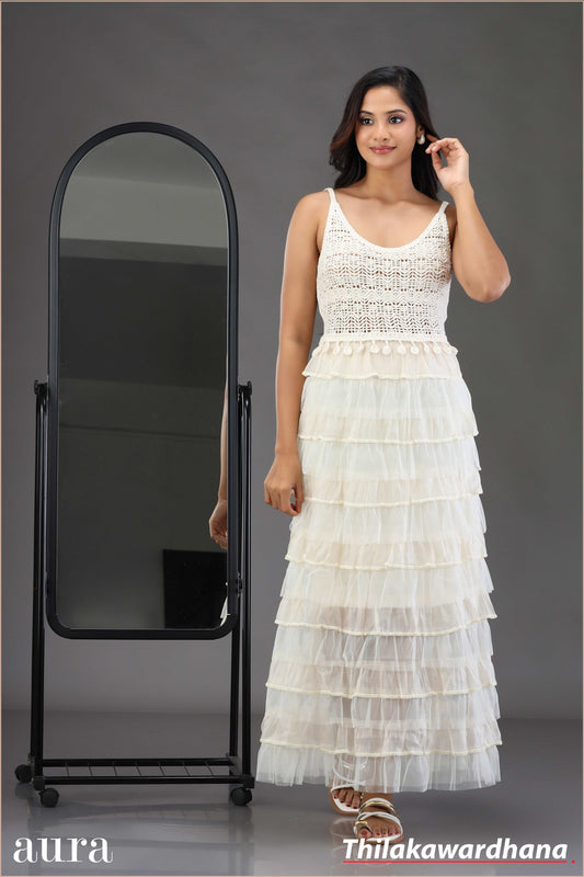 White Blossom Tier Maxi Dress - Free Size