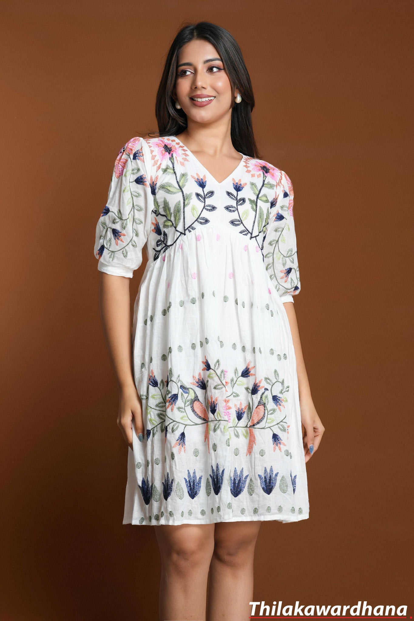 Embroidered Garden Poetry Linen Dress  Thilakawardhana