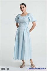 Aura Celeste Puff Sleeve Midi Dress