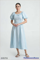 Aura Celeste Puff Sleeve Midi Dress