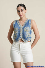 V Neck Embroidered Denim Top - Free Size