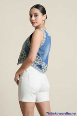 V Neck Embroidered Denim Top - Free Size