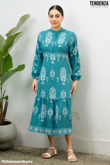 Tendenza Half Placket Long Sleeve Maxi Dress