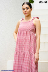 Aura Gingham Tie-Shoulder Tiered Maxi Dress