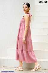 Aura Gingham Tie-Shoulder Tiered Maxi Dress