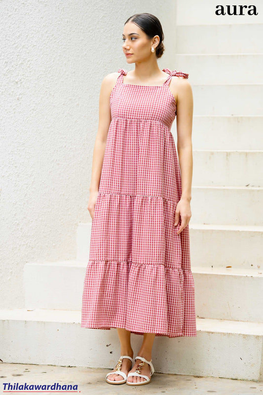 Aura Gingham Tie-Shoulder Tiered Maxi Dress