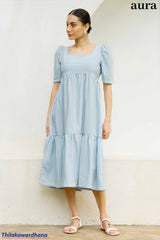 Aura Gingham Puff Sleeve Tiered Midi Dress