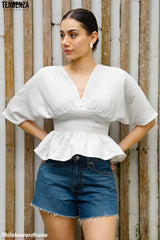 Tendenza V Neck Smocked Peplum Top