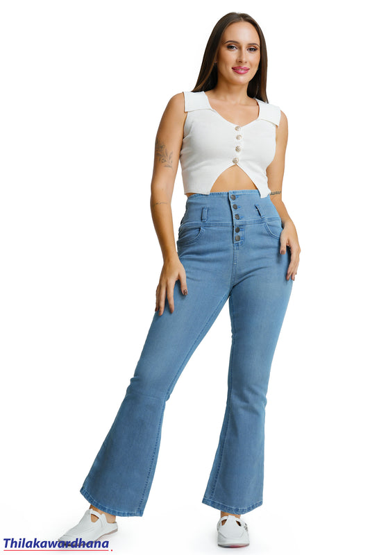High Rise Button Flare Jean