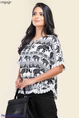Engage Elephant Print Lace Trim Top