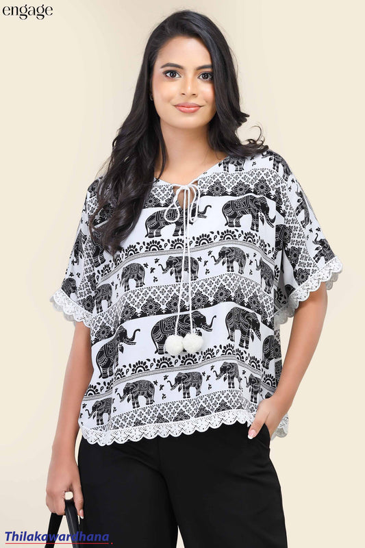 Engage Elephant Print Lace Trim Top