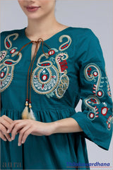 Aura Teal Paisley Embroidered Tie-Up Dress
