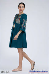 Aura Teal Paisley Embroidered Tie-Up Dress