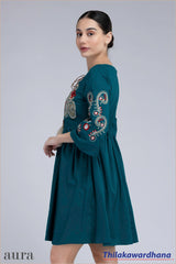 Aura Teal Paisley Embroidered Tie-Up Dress