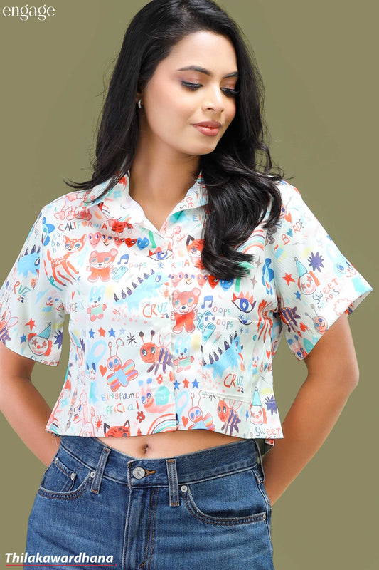 Engage Playful Doodle Print Cropped Shirt