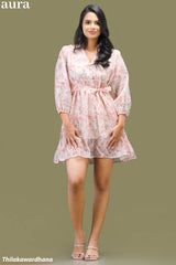 Aura Pink Floral Tie Waist Tiered Dress