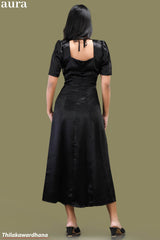 Aura Black Satin Square Neck A-Line Dress
