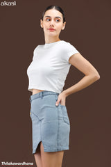 Akasi Asymmetric Button Detail Denim Skirt