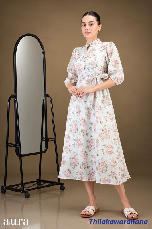 Aura Button Front Self Tie Waist Belted Dress