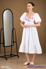 Aura Floral Embroidered Puff Sleeve Mini Dress