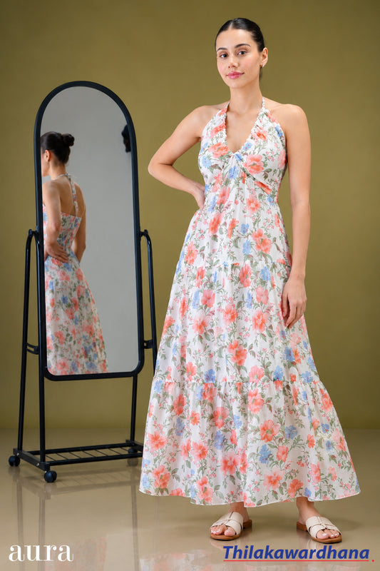 Aura Halter Smocked Tiered Maxi Dress