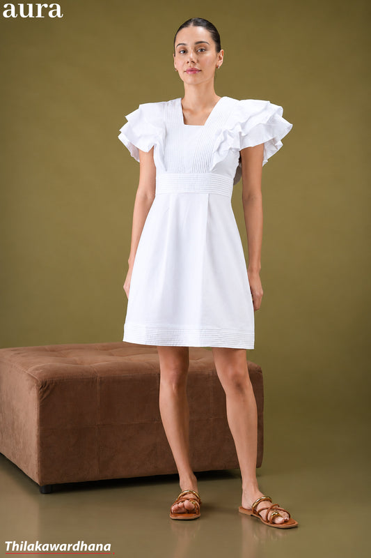 Aura Pleated Flutter Sleeve A-Line Dress