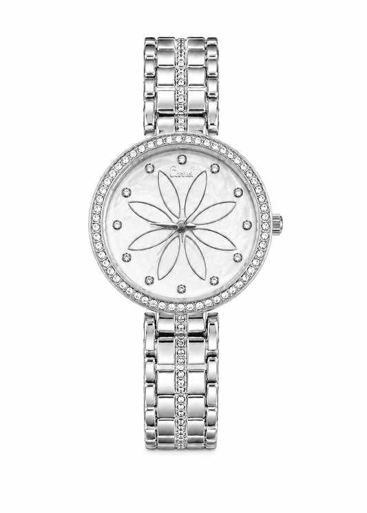Women's Silver Crystal Flower Dial Wrist Watch