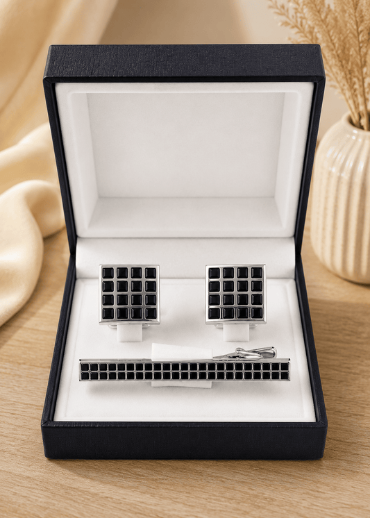 Men's Premium Silver Cufflink & Tie Clip Set