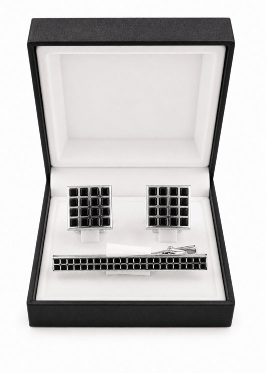 Men's Premium Silver Cufflink & Tie Clip Set