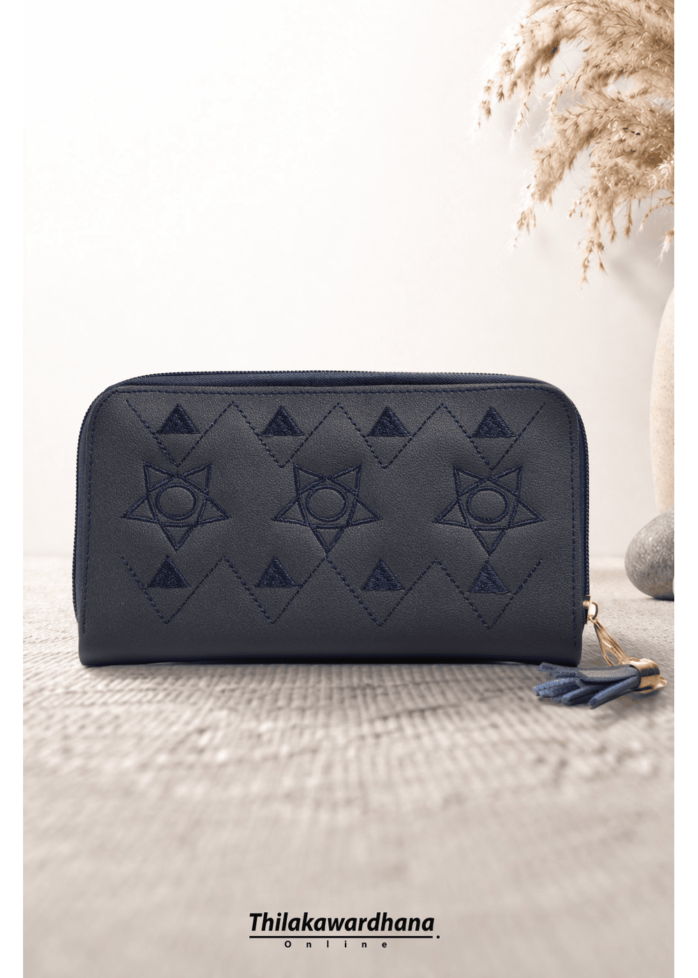 Navy Blue Geometric Embroidered Wallet