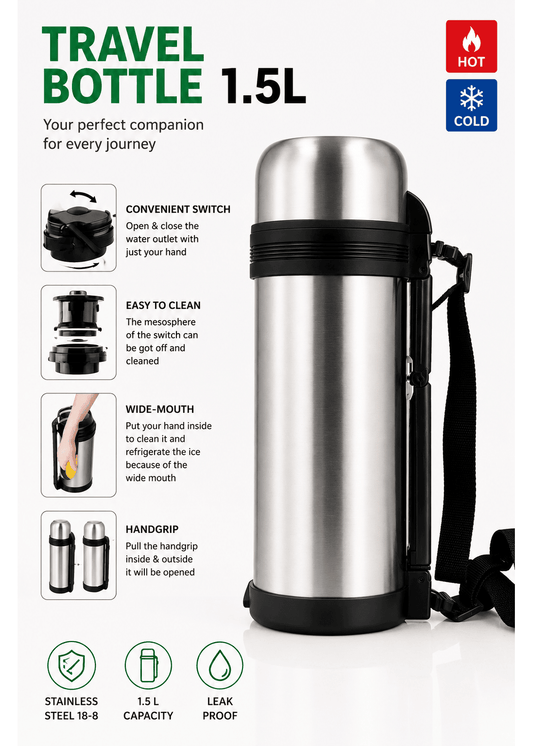 Stainless Steel Hot & Cold Travel Vacuum Flask - 1.5L
