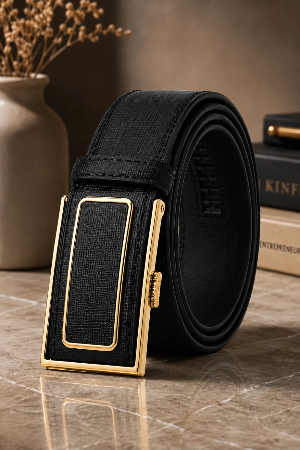 Trafford Men’s Belt – Gold-Tone Rectangular Buckle