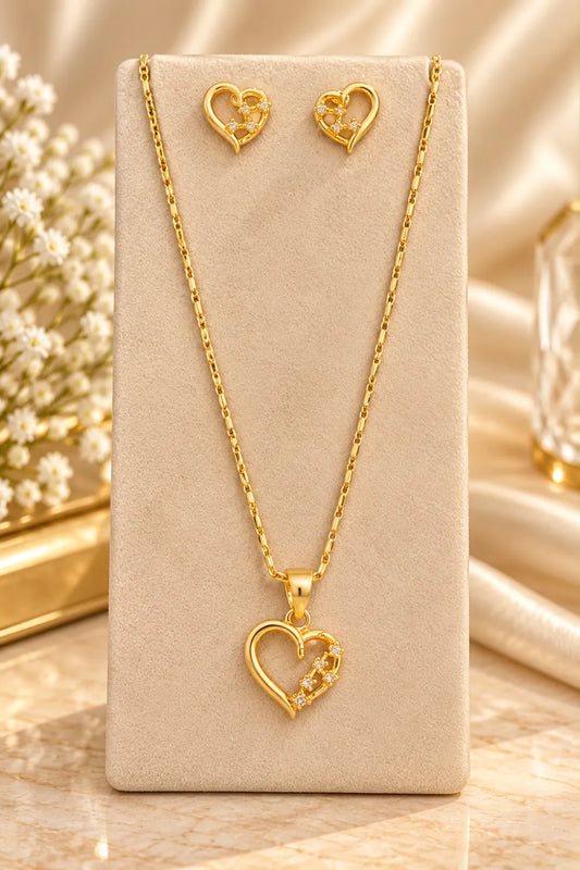 Women's Gold Heart Necklace & Earring Set