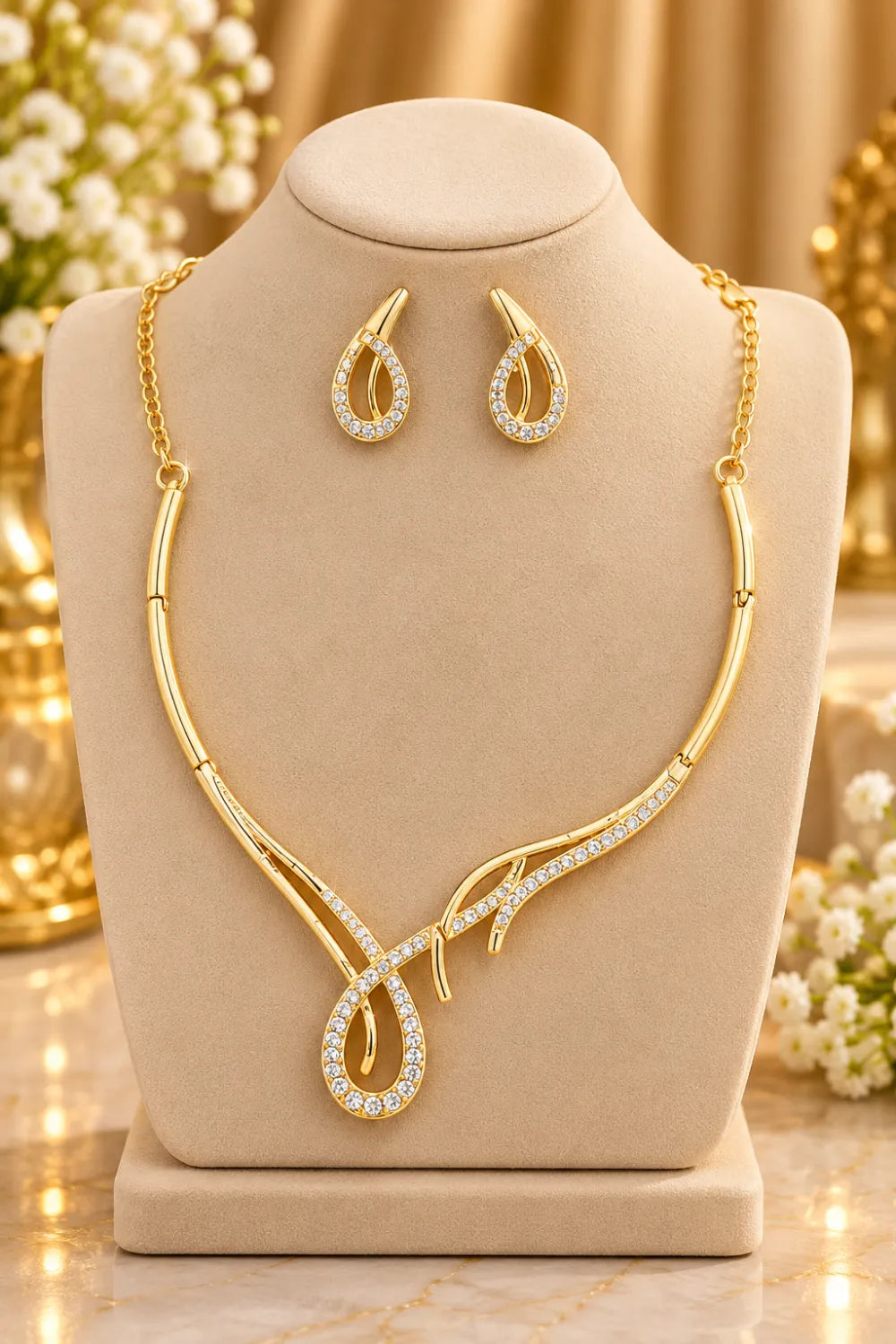 Women's Elegant Gold-Tone Crystal Necklace & Earrings Set
