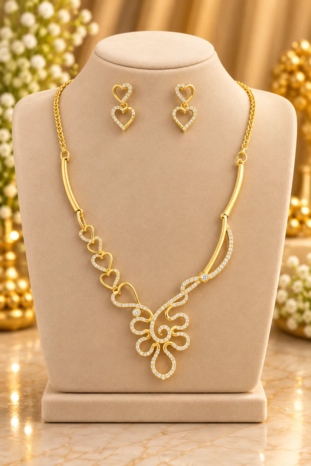 Women's Elegant Gold-Tone Heart & Floral Necklace Set