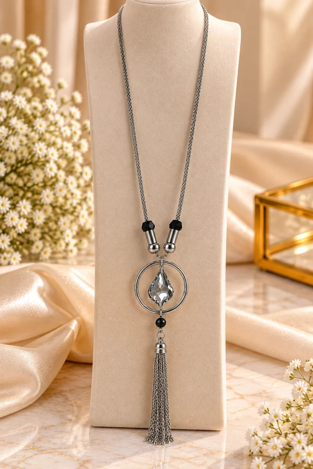 Elegant Long Silver Tassel Necklace – Black & Crystal Pendant