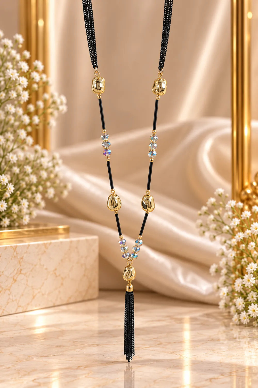 Elegant Long Black & Gold Tassel Necklace