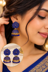 Elegant Blue Stone Gold-Tone Jhumka Earrings